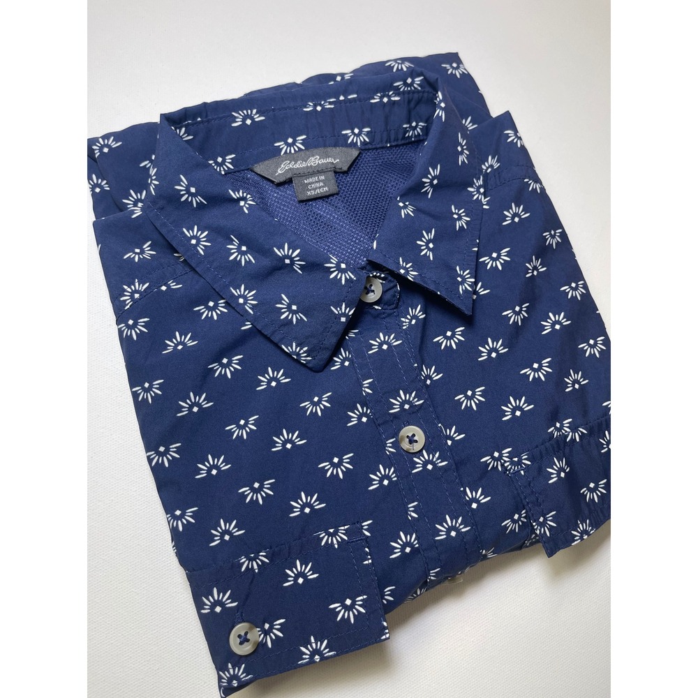 Eddie Bauer Womens XS Navy Blue Sunburst Short Sleeve Button Down Shirt 0317